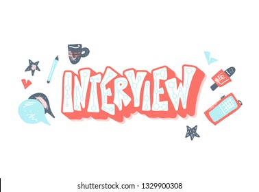 Interview emblem with lettering and decoration design element. Set of interview tools. Banner template with text and journalism symbols. Vector conceptual illustration.