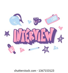 Interview emblem with lettering and decoration design elements isolated on white background. Set of interview tools. Banner template with text and journalism symbols. Vector conceptual illustration.
