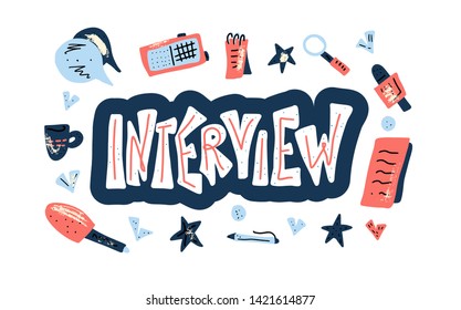 Interview emblem with lettering and decoration design elements in flat style. Set of interview tools. Banner template with text and journalism symbols. Vector conceptual illustration.