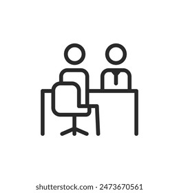 Interview or employee discussion, linear style icon. Two people sitting at table. Editable stroke width