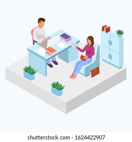 Interview employer with job seeker vector illustration isometry. Company head boss or personnel manager man and job applicant candidate for vacant position. People talking sitting at office work desk.