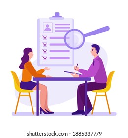 Interview, employment process, candidate selection. Recruitment and placement service. Recruiting agency and headhunting company. Vector concept in flat cartoon style.