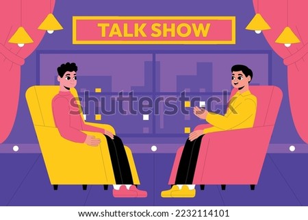 Interview with a famous person. Television or internet broadcast where a journalist talks to a celebrity. Vector illustration in flat style