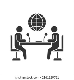 Interview glyph icon. Press conference. Two speakers speaking with microphones. Discussion. Distribution of information.PR marketing concept.Filled flat sign. Isolated silhouette vector illustration