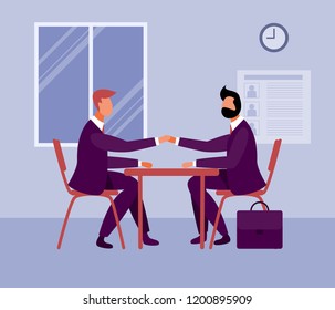 Interview. Hiring people. Two men sit across from each other and shake hands. Recruitment.