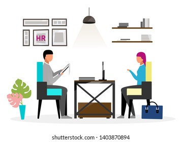 Interview at HR office flat vector illustration. Human resources expert speaking with female candidate, applicant for vacancy. Jobseeker talking to headhunter about employment cartoon character