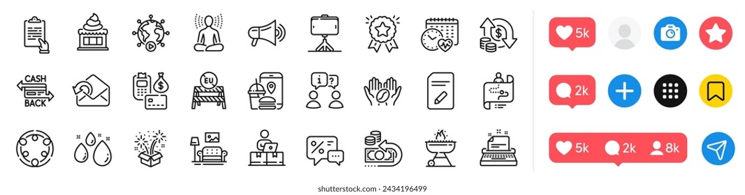 Interview, Ice cream and Selfie stick line icons pack. Social media icons. Typewriter, Change money, Clipboard web icon. Payment, Inclusion, Food app pictogram. Vector