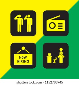 interview icon. 4 interview set with recruits, hire, human and radio vector icons for web and mobile app