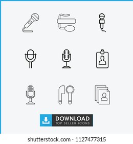 Interview icon. collection of 9 interview outline icons such as microphone, clipboard, resume. editable interview icons for web and mobile.