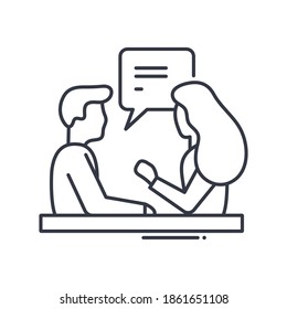 Icono de entrevista, ilustración lineal aislada, vector de línea delgada, signo de diseño web, símbolo de concepto de contorno con trazo editable sobre fondo blanco.