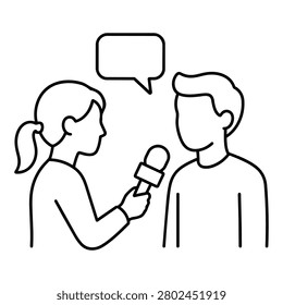 Interview icon with reporter holding microphone near speaker and speech bubble for media conversation and news reporting vector