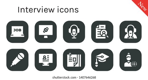 interview icon set. 10 filled interview icons.  Collection Of - Job search, News report, Voice recorder, Curriculum, News reporter, Karaoke, CV, Curriculum vitae, Unemployed