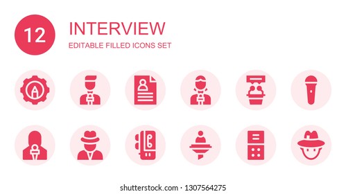 interview icon set. Collection of 12 filled interview icons included Resources, News reporter, CV, Interview, Journalist, Voice recorder, Curriculum, Mic