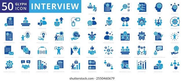 Interview icon set with experience, skill, communication, teamwork, leadership, letter, interview, employment, networking, strength, onboarding, analytics, body language, dress code, and confidence