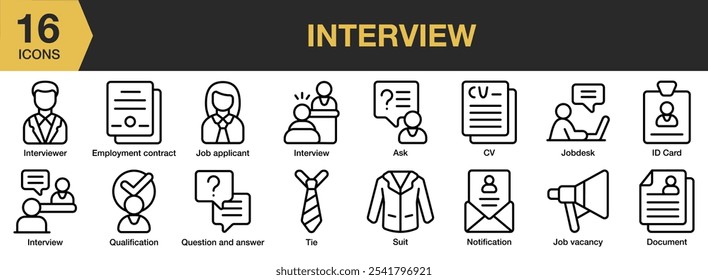 Interview icon set. Includes ask, document, employment contract, interview, and More. Outline icons vector collection.