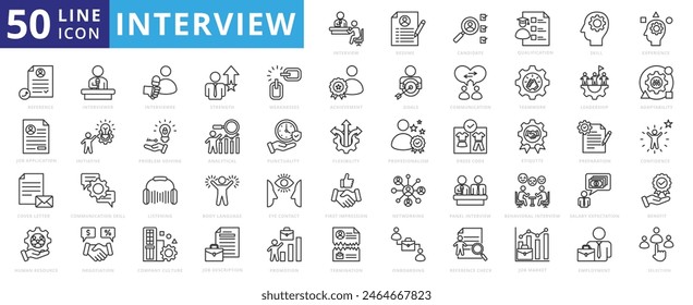 Interview icon set with resume, candidate, qualification, skill, experience, reference, job application and onboarding. 