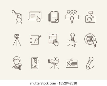 Interview icons. Line icons collection. Article, live broadcasting, press conference. Mass media concept. Vector illustration can be used for topic like communication, journalism, television
