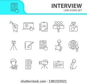 Interview icons. Line icons collection. Article, live broadcasting, press conference. Mass media concept. Vector illustration can be used for topic like communication, journalism, television