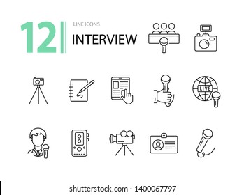 Interview icons. Line icons collection. Article, live broadcasting, press conference. Mass media concept. Vector illustration can be used for topic like communication, journalism, television