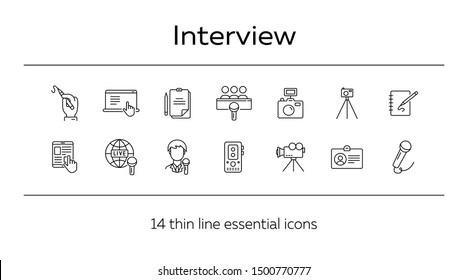 Interview icons. Line icons collection. Article, live broadcasting, press conference. Mass media concept. Vector illustration can be used for topic like communication, journalism, television