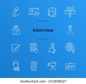 Interview icons. Line icons collection. Article, live broadcasting, press conference. Mass media concept. Vector illustration can be used for topic like communication, journalism, television