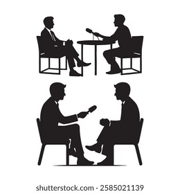 Interview Icons, Podcast Recording, Journalist and Guest, Business Discussion, Media Interview, Press Conference, Professional Conversation, News Reporting, Communication, Broadcast, Public Relations 