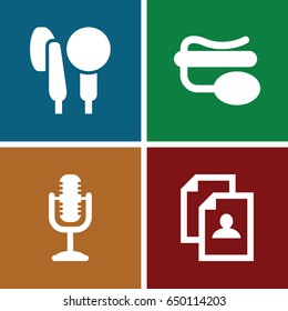 Interview icons set. set of 4 interview filled icons such as resume, pin microphone