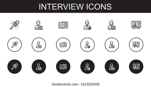 interview icons set. Collection of interview with journalist, voice recorder, news reporter, news report. Editable and scalable interview icons.