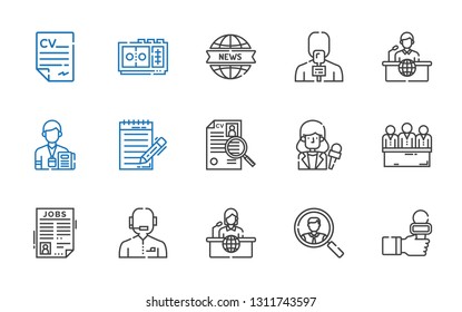 interview icons set. Collection of interview with news reporter, job search, news report, candidates, curriculum, journalist, voice recorder. Editable and scalable interview icons.