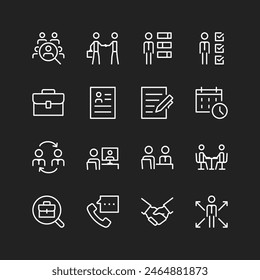 Iconos de entrevista, líneas blancas sobre fondo negro. Conseguir trabajo, entrevistar candidatos, cazar cabezas. Currículum, evaluación de cualidades profesionales. Espesor de línea personalizable