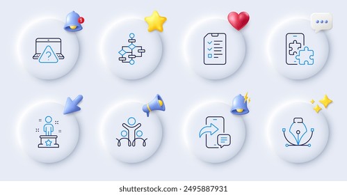 Interview, Inclusion and Phone message line icons. Buttons with 3d bell, chat speech, cursor. Pack of Online question, Phone puzzle, Pen tool icon. Success, Block diagram pictogram. Vector