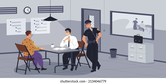 Interview in interrogation room with lamp. Lawyer interrogating criminal in police station with guard, policeman. Prisoner, detective and officer during case investigation. Flat vector illustration