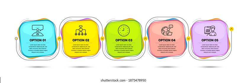 Interview job, Clock and Presentation line icons set. Timeline process flowchart. Restructuring sign. Consulting, Time or watch, Education board. Delegate. Business set. Vector