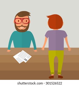 Interview für einen Job. Zwei junge Männer von verschiedenen Seiten des Tisches. Setzen Sie Papier auf den Tisch zurück. Vektorgrafik in Flachstil
