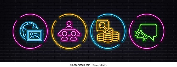 Interview job, Web photo and Inspect minimal line icons. Neon laser 3d lights. Megaphone icons. For web, application, printing. Consulting, Image placeholder, Money budget. Brand message. Vector