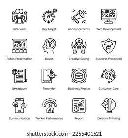 Interview, Key Target, Announcements, Web Development, Newspaper, Reminder, Business Rescue, Customer Care, Report, Creative Thinking, Public Presentation, Doubt,  Outline Icons - Stroked, Vectors