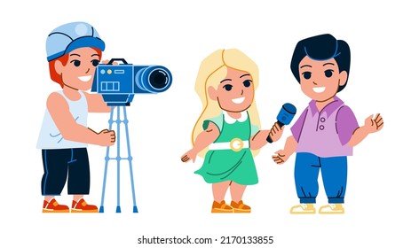 Interview Kid Vector. Child Microphone, Boy Journalist, Reporter Speech, Public Mic Speaker Interview Kid Character. People Flat Cartoon Illustration