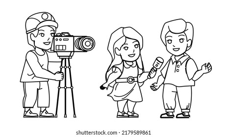 Interview Kid Vector. Child Microphone, Boy Journalist, Reporter Speech, Public Mic Speaker Interview Kid Character. People Black Line Pencil Drawing Vector Illustration