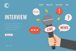Interview, Landing Page Template. Hand Of Journalist Is Holding Microphone. Female Reporter With Special Equipment Works For Live News. Speech Bubbles With Questions And Answers. Vector Illustration