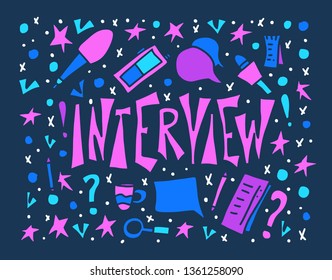 Interview lettering with decoration design element. Set of interview tools. Banner template with text and journalism symbols. Vector conceptual illustration.