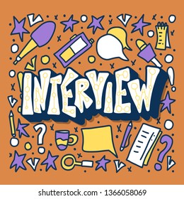 Interview lettering with decoration design element. Set of interview tools. Banner template with text and journalism symbols. Vector conceptual illustration.