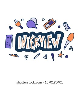 Interview lettering with decoration design elements isolated on white background. Banner template with text and journalism symbols. Vector conceptual illustration.