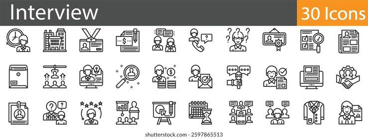 Interview Line Icons Set. Collection of 30 outline icons representing job interviews, HR discussions, and recruitment processes. Editable stroke vector illustration.