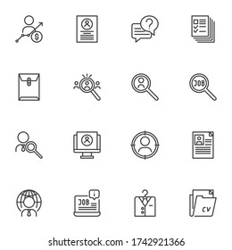 Interview Line Icons set, Umriss Vektorsymbolsammlung, Lineares Piktogramm Piktogramm Pack. Zeichen, Logo-Abbildung. Set enthält Symbole wie Rekrutierung, Personalsuche, Personalsuche, Lebenslauf