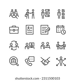 Interview, linear style icons set. Getting job, interviewing a supervisor. Headhunter. Communication between employer and candidate. Resume, assessment of professional qualities. Editable stroke width