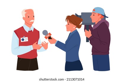 Interview with man for TV breaking news on television channel vector illustration. Cartoon female correspondent holding microphone in hand, cameraman recording live reportage isolated on white