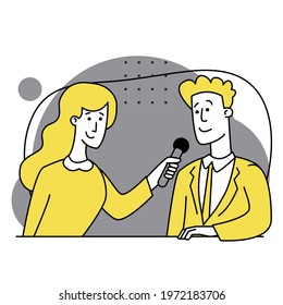 Interview. Man and woman sitting at table. Job interview conversation. HR manager and employee candidate meeting and talking. Business or human resource concept. Modern vector flat illustration.