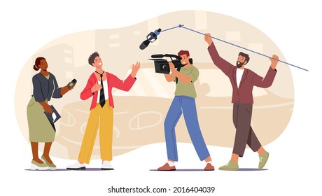 Interview, Mass Media Announcement, Live News Tv Broadcasting with Cameraman and Reporter. Female Journalist Interviewing Man in Suit, Politician or Businessman. Cartoon People Vector Illustration