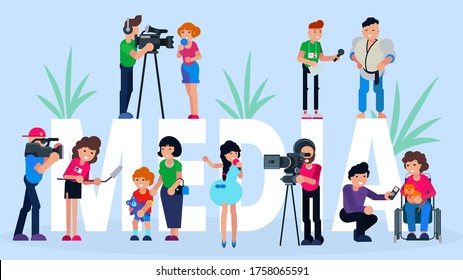 Interview media tv news, vector illustration. Reporter and journalist with microphone, press report at camera broadcasting. Flat television people character conference and reportage live.