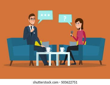 Interview with movie star. Interviews with politicians. Vector creative color illustrations flat design in flat modern style. cartoon Live interview
